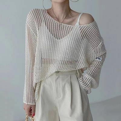 New Casual Hollow Out Knitted Women Sweater Korean Fashion Summer Simple Round Neck Pullover Loose Top Thin Long Sleeve Perspective Sunscreen Shirt
