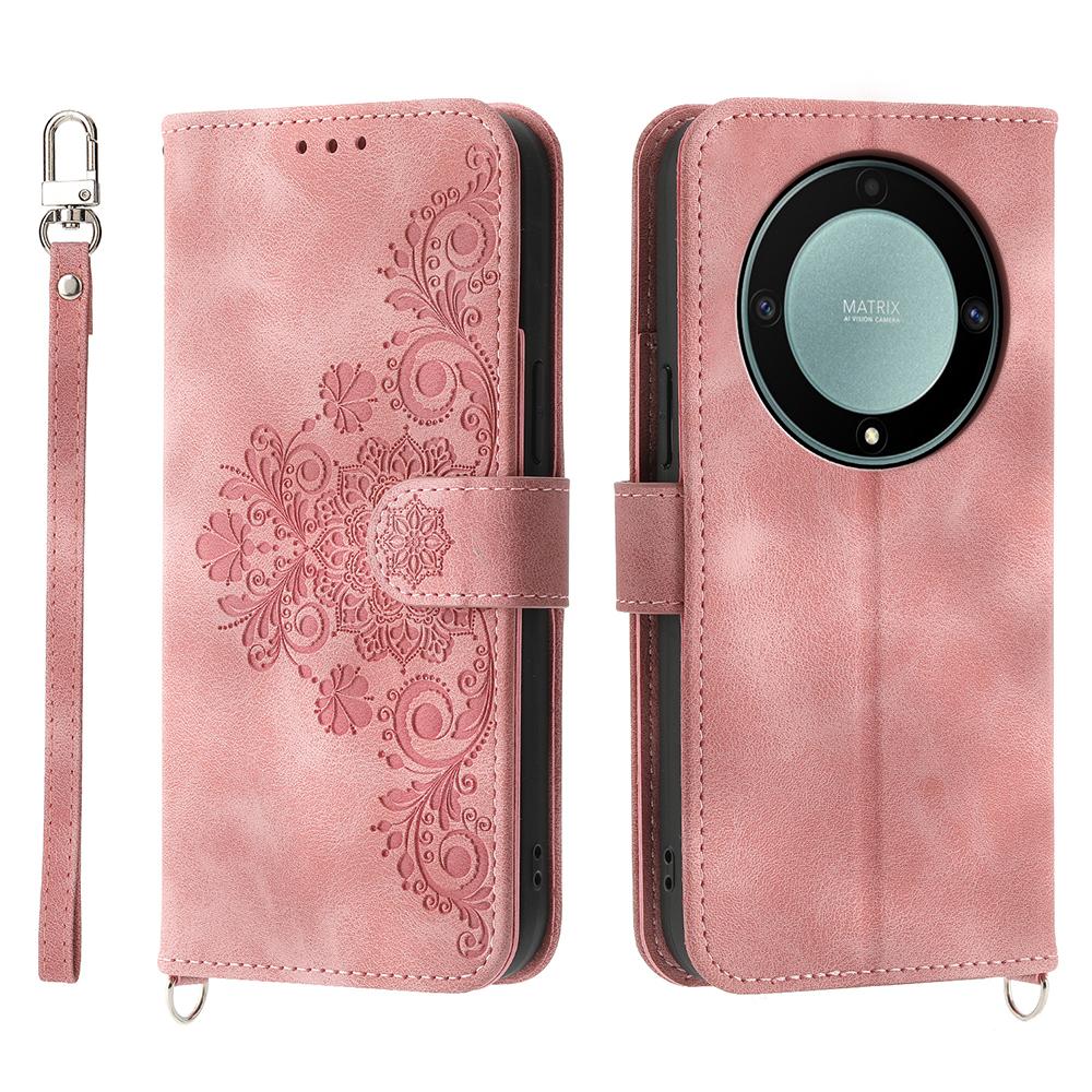 Phone Case For Honor Magic8 Lite 5G / X70 5G / X9d 5G Flower Pattern PU Leather Wallet Cover with Strap