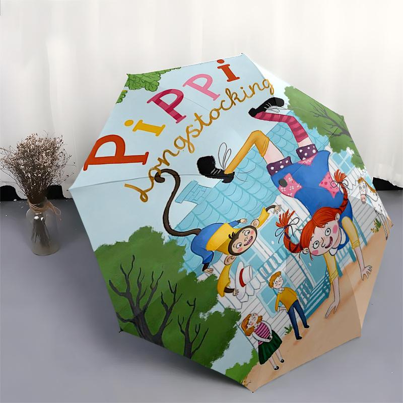 Ombrello da Viaggio a Tema Pippi Calzelunghe - 8 Stecche, Apertura e Chiusura Automatiche, Design Pieghevole Portatile, Ombrello Compatto ed Elegante Adatto