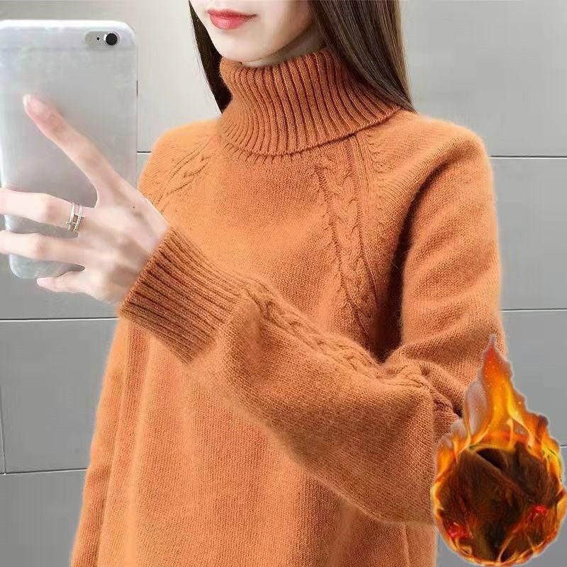 Thickened turtleneck sweater for women autumn and winter short solid color warm pullover versatile long - sleeved fleece loose knitted sweater