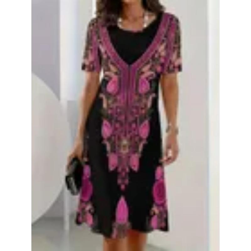 Summer Short Sleeved Dress 3D Floral Print Retro Dress Bohemian Dress Plus Size
