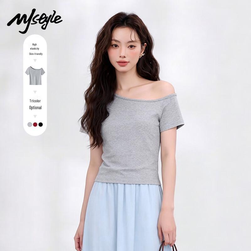 

MJ STYLE Women s Off-Shoulder Ribbed Short-Sleeve T-Shirt L