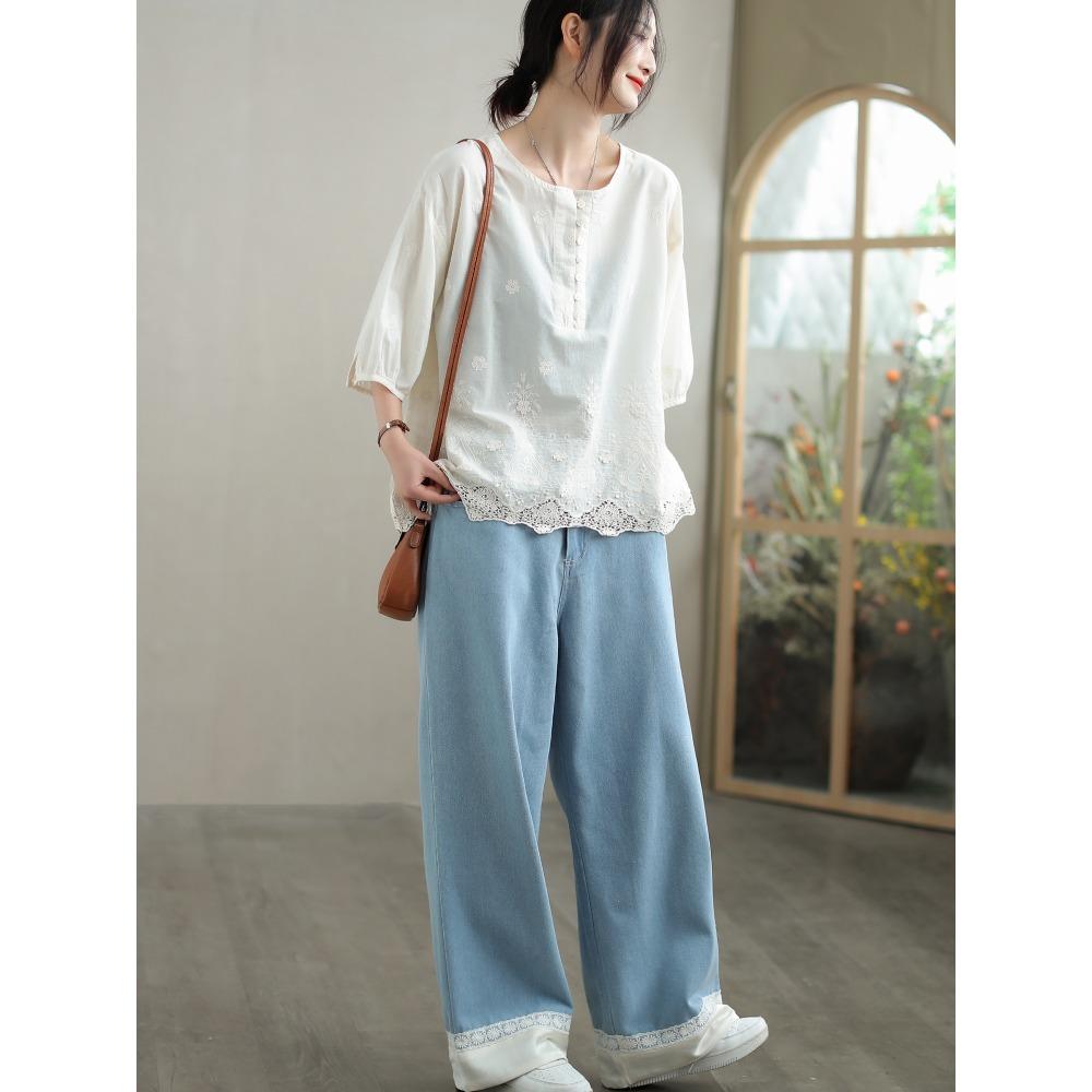 Dimanaf 2025 Women T-shirt Summer Shirt Lace White Blouse Short Sleeve Buttons Fashion Tops Tees Loose White Tees New