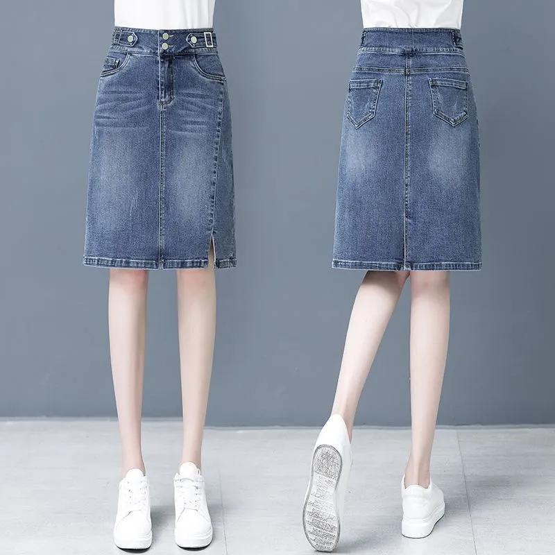 Spring Summer Plus Size Skirt for Women High Waist Large Size Slit Black or Blue Jeans Skirts Korean Slim Femme A-line Skirt