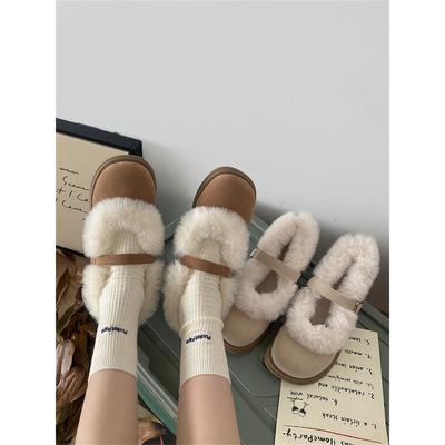 Sapatos Mary Jane de Fundo Plano Franceses Fofos Para Uso de Outono e Inverno Feminino, Novos Sapatos de Veludo de Bico Redondo Versáteis Retrô