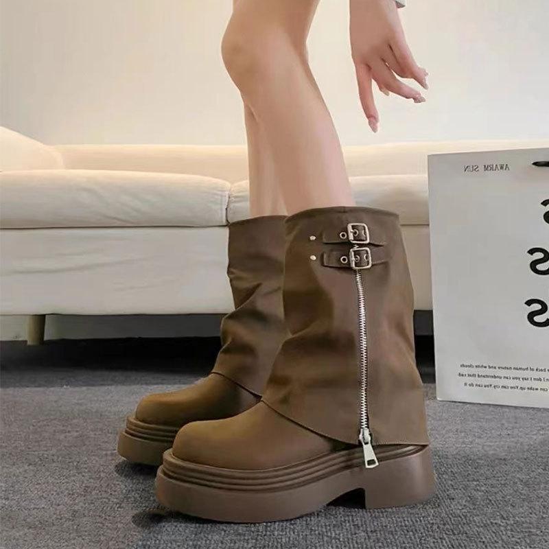 Maillard retro British style platform Martin boots women's new autumn heightening brown pile short boots