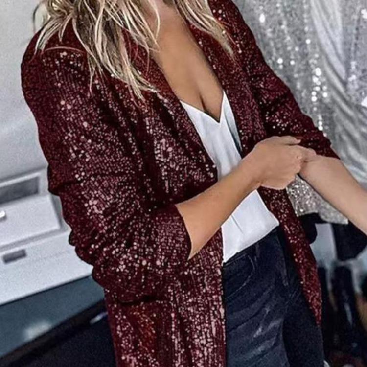 Shiny Sequins Women Casual Loose Fit Long Sleeve Cardigan Lapel Open Front Solid Color Suit Coat Clubwear Jacket