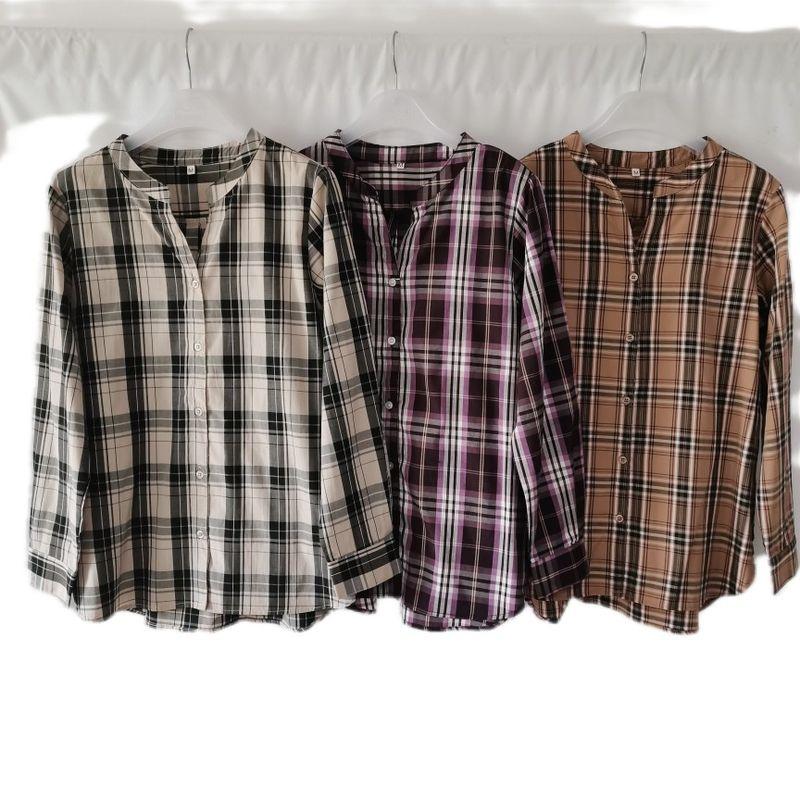Export Daily Order Tail Goods V Neck Long Sleeves Gingham Shirt Women's Loose Leisure All-Matching Autumn New Literary Style