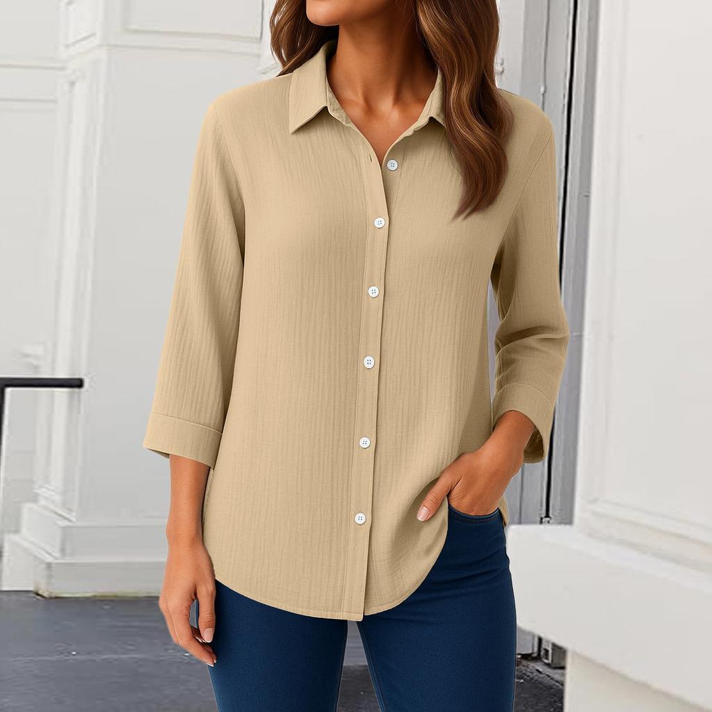 Womens Button Down Shirts 3/4 Sleeve Casual Collared Shirt Loose Blouses Solid Color Tops With Pocket