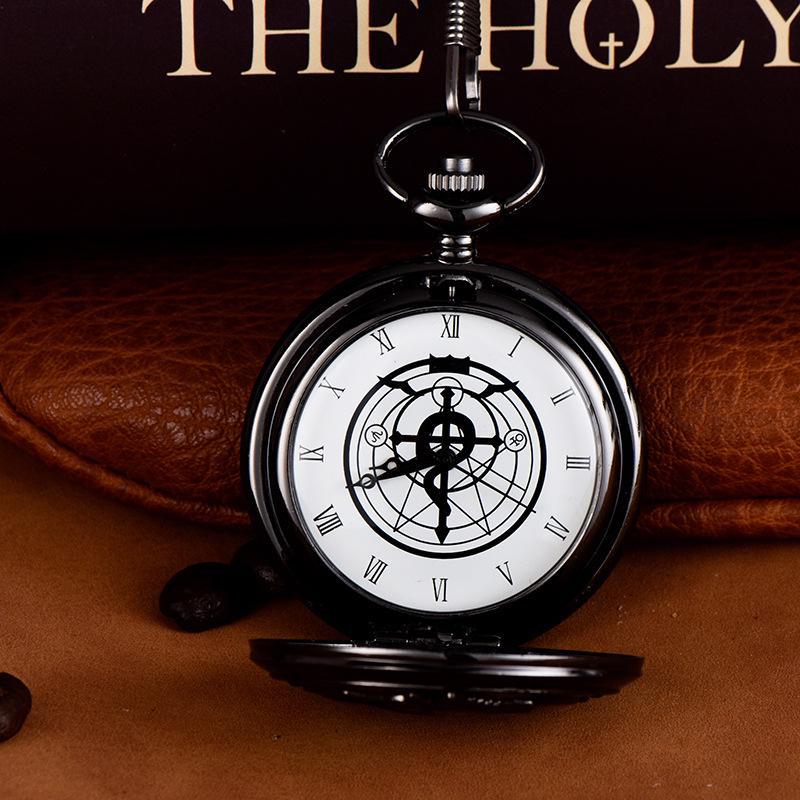 Silber-weiße Retro-Taschenuhr mit Seepferdchen-Cartoon, dicker Kette, weißem Zifferblatt und antiken römischen Ziffern