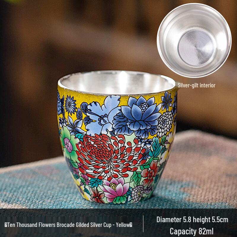 Enamel Colored Ceramic & Silver Tea Cup