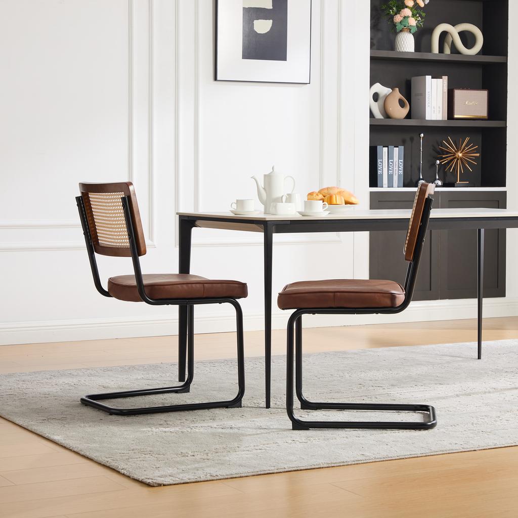 Modern Rattan Dining Chair with Black Metal Frame - Vintage Style Side, Synthetic Cane Back & PU Leather Seat for Kitchen, Living Room, Bedroom-Brown