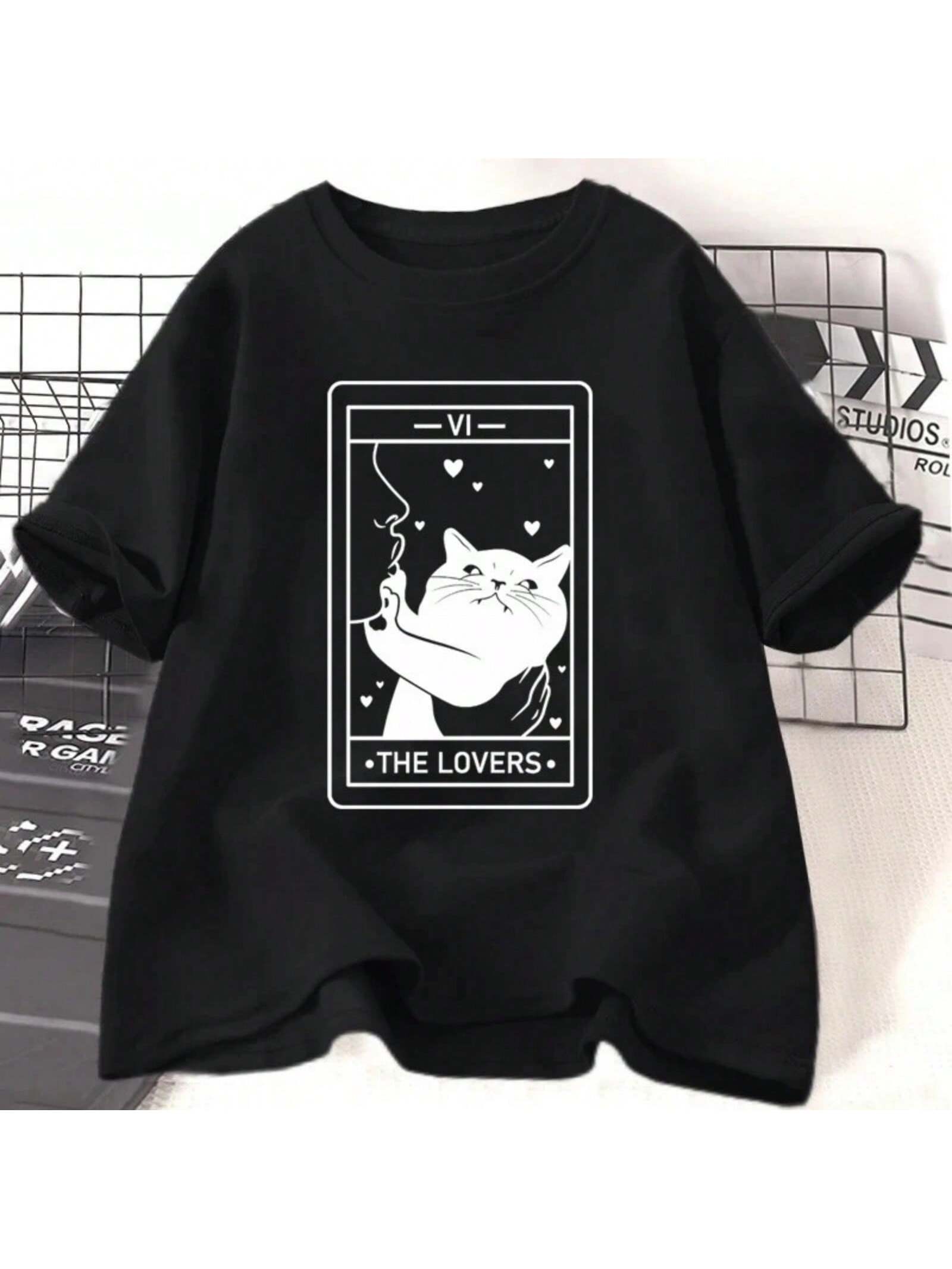 Tarot Lover T-Shirt Cotton Short Sleeve Cat Lover Crazy Cat Girl Pattern T-Shirt Harajuku Casual Retro Clothing Wounisex s Clothing S разноцветный