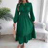 Women's Fashion Retro Solid Color Long Sleeve Waist A-Line Skirt Round Neck Pullover Dress