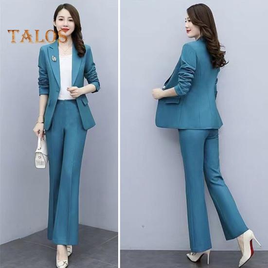 2 buc./set haină formală pentru damă, pantaloni, guler răsturnat, mâneci lungi, costum jachetă, slim fit, culoare pură, pantaloni evazați, îmbrăcăminte zilnică, ținută pentru navetă, birou