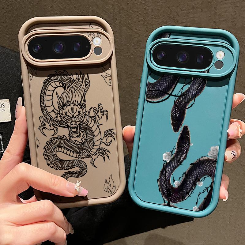 Unearthly Dragon Pattern TPU Matte Case For Google Pixel 9 Pro XL 8 Pro 8A Rose Snake Print Soft Lens Protection Shockproof Phone Cover