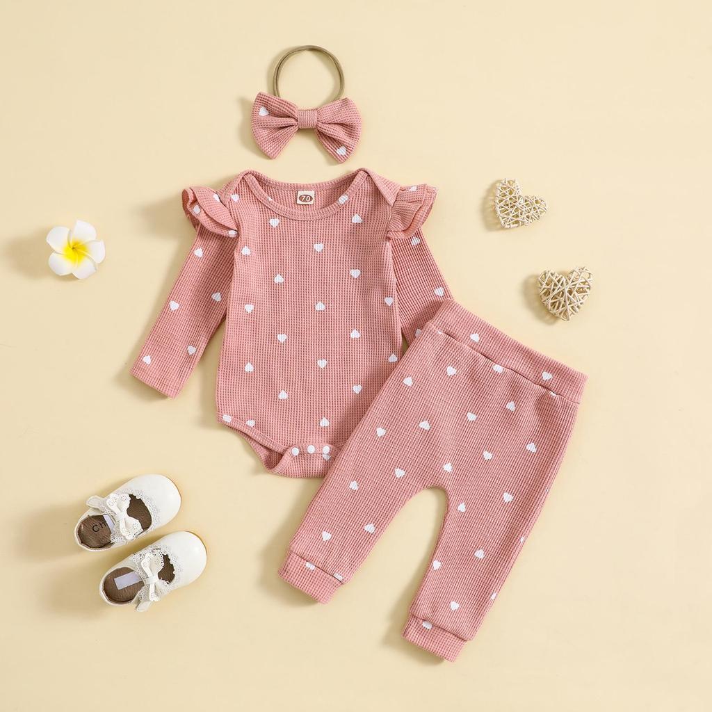 Girls' Heart Print Waffle Romper Set: Long Sleeve Romper, Long Pants & Headband.