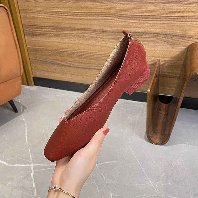 Genuine Leather Multi color Low heeled women's Shoes  Round Toe Flat Bottom Shallow Cut Single Shoe Casual Versatile Loafers
