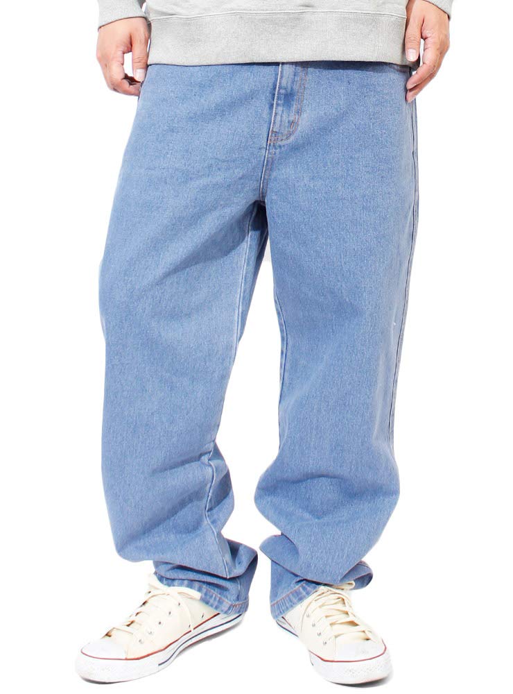 HLEMMUSEUM Men's Denim Cargo Pants, Plus Size, Loose Fit, Wide Leg, Elastic Waist, Jeans, Size 3L, Blue (Plain)