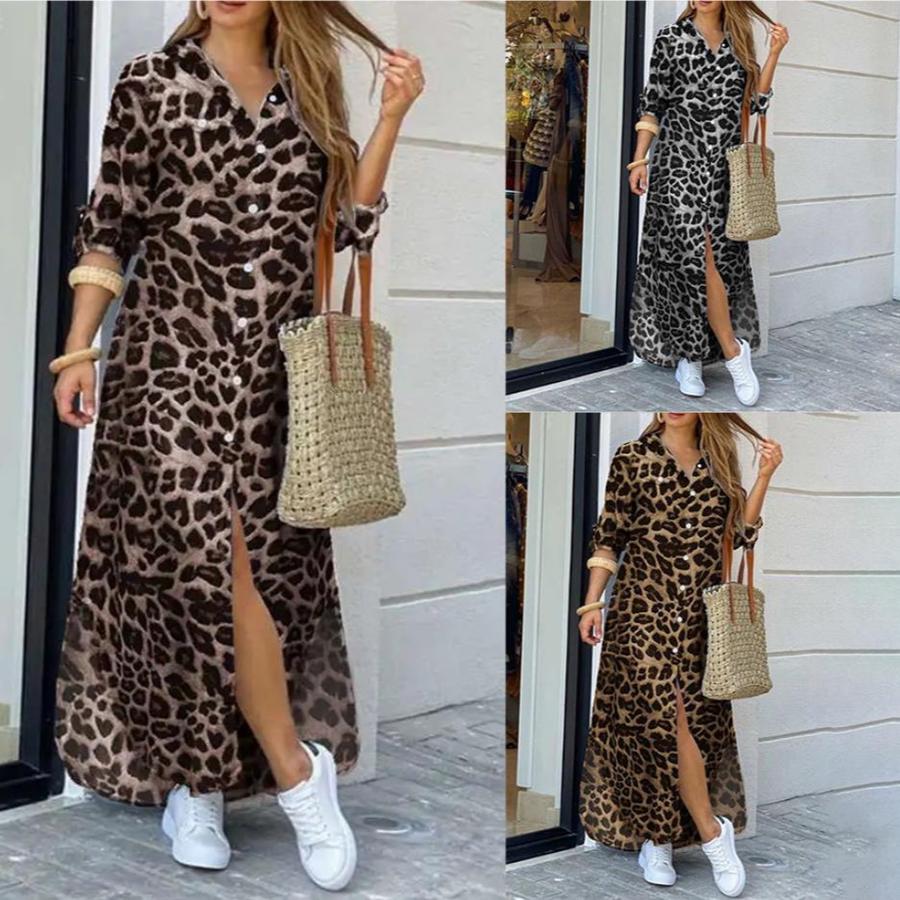 New Women's Autumn Fall Leopard Print Fashion High-Slit Long Sleeve Shirt Dress