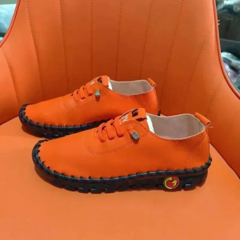 New Women's Handmade Flat Sneakers Comfortable Slip On Lace Up Round Toe Shoes Hand Sewing Thread Mom Shoes Zapatillas De Mujer
