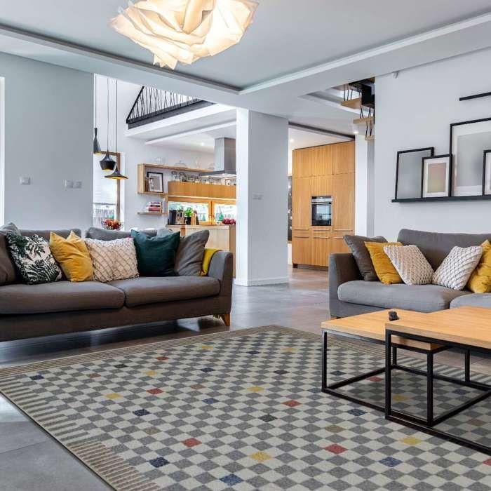 Living Room Rug Woolly Effect Multicolored Checkerboard Pattern 195x270