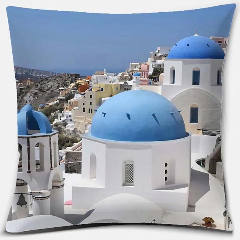 45x45cm Nordic Blue and White Castle Scenery Pillowcase Comfortable Sofa Seat Cushion Cover Hotel Home Decor Embrace Pillowcase