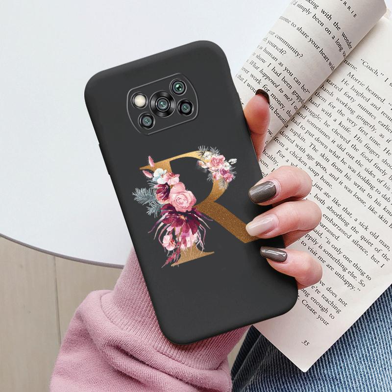 Letter Case For Poco X3 NFC PocoX3 Pro Back Cover Retro Flowers Pink Black Soft TPU Initial Fundas For Xiaomi Poco X 3 Pro Coque