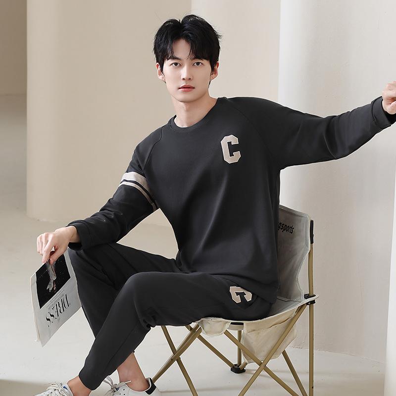 Couple pajamas spring and autumn long-sleeved pure cotton simple fashion casual men and women can wear sports loungewear suit in autumn