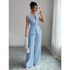 Women's Relaxed Fit Two Piece Pantsuit Sleeveless Blazer Top High Waist Wide Leg Trousers Solid Color Elegant Commuter Matching Outfit