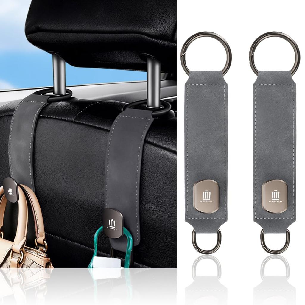 Crown Headrest Car Hooks with 25kg Load Seat Easy Short No Removal for Driver and Passenger Car 2 Gray Hooks, Capacity, Anti-Tip, Storage, Back,