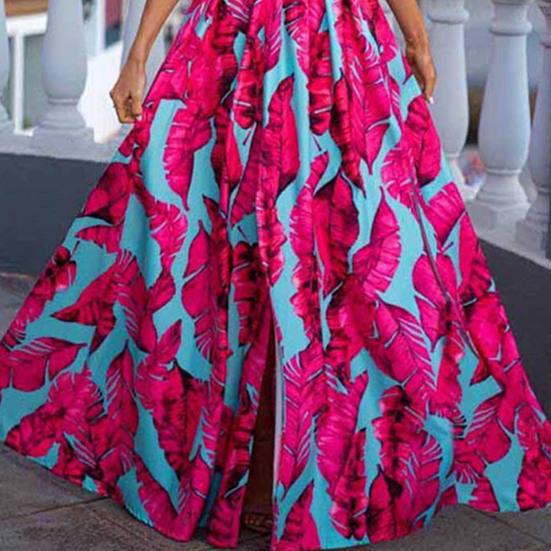 V-Neck Waist Tight Split Large Hem Maxi Dress Floral Print Sleeveless Sling Beach Holiday Dress Female Clothing