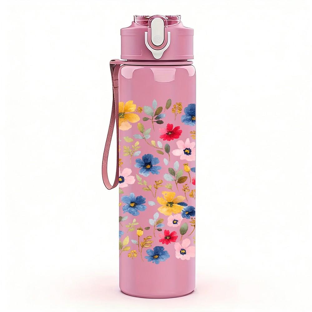 1PC Ditsy Summer Blossom 750ml Color Plastic Sports Water Bottle Leakproof Flip Straw Lid Suitable for Sports Office Home Use