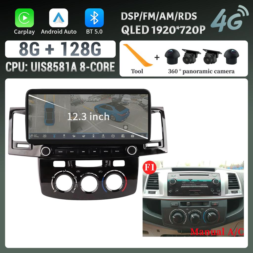 12.3″Car Radio Multimedia 4G GPS For Toyota Hilux 2005-2014 Android 14 Navigation Wireless Carplay Bluetooth Touch Screen