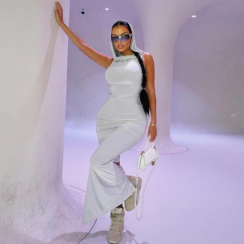 European & American Style 2023 Summer Women's Solid Color Hooded Sleeveless Slit Dress