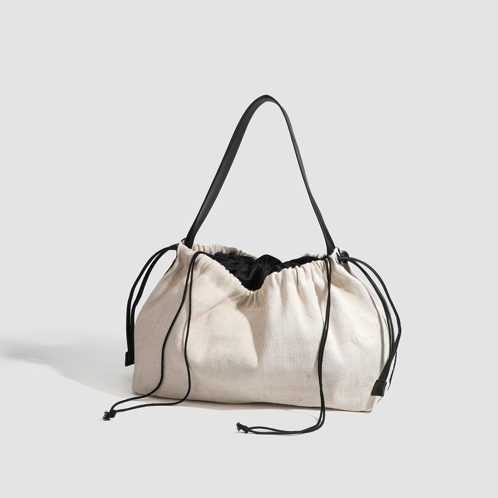 2025 New Trendy Niche Design Canvas Spliced Drawstring Linen Tote Bag Versatile Large-capacity Shoulder Bag