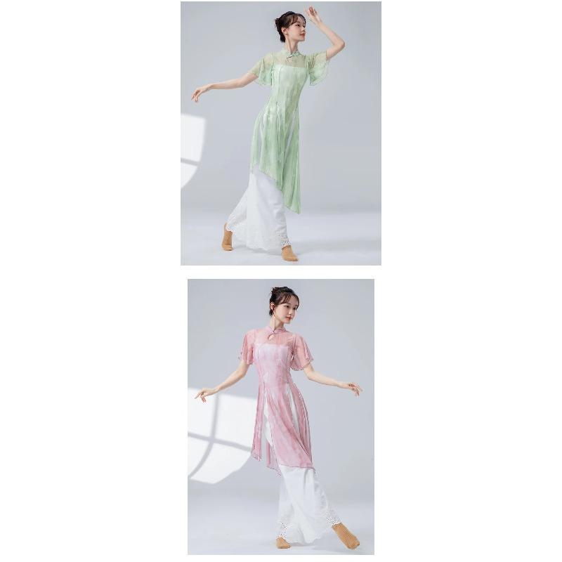 Classical Dance Women Split Hem Long Gauze Mesh Shirt Cheongsam Neck Hanfu Performance Sheer Flowy Blouse Training Dancewear