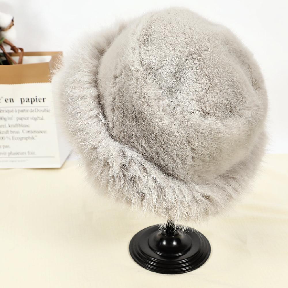 Fashion Big Faux Fur Fluffy Bucket Hat for Women Luxury Plush Winter Hat Thicken Snow Oversized Fur Bucket Hat Soft Panama Cap