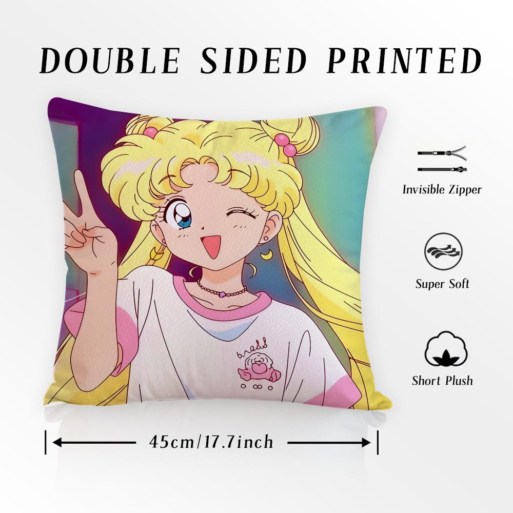 S-SAILOR Anime M-MOON Pillow Case Pillowcase Anti-dustmite Pillow Invisible Zipper Silky Short Plush Sofa Cushion Cover