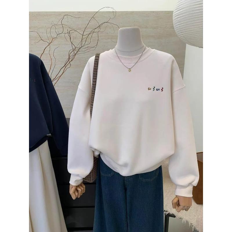 Autumn and Winter Korean Style Embroidered Thickened Velvet Warm Loose Round Neck Pullover Sweatshirt for Women