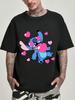 Disney Stitch Officially Licensed & WoT-shirt - Summer Short Sleeve Loose Fit Breathable Tee with Vibrant Stitch & Hearts Graphic Print