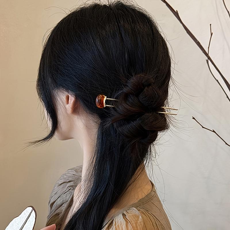 Bastoncino per Capelli Minimalista Vintage Marrone a Forma di U Stile Cinese con Pin Spessi per Chignon Eleganti, Accessori Tradizionali per Capelli