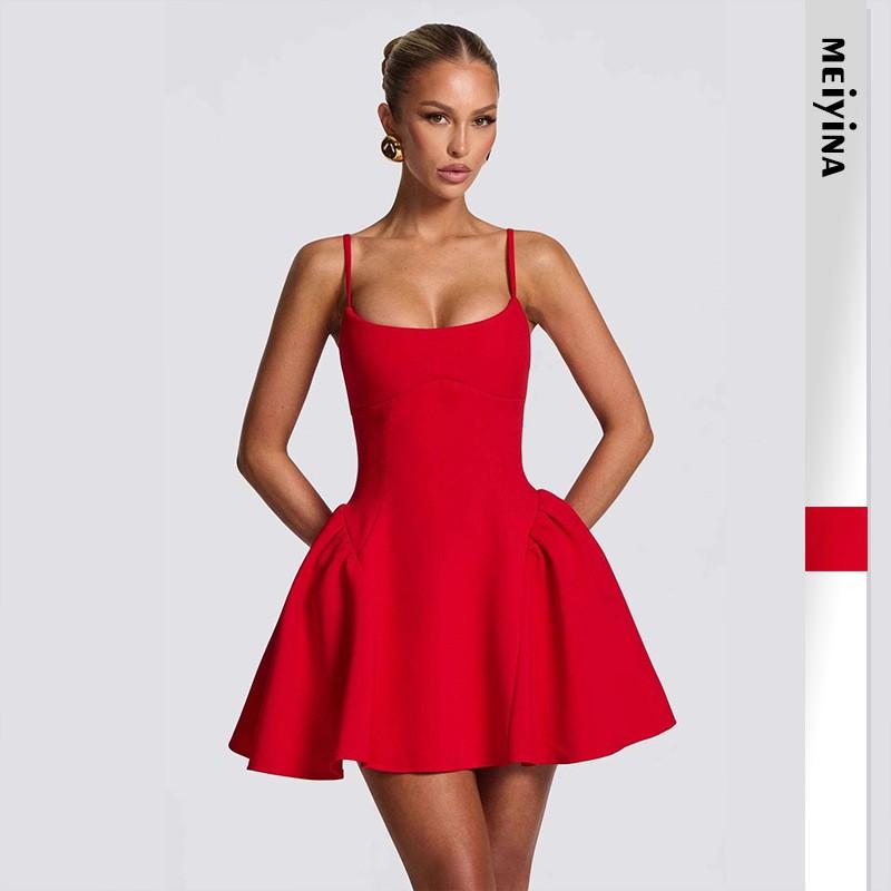 2025 Womens Strapless Backless Mini A-Line Tulle Dress Sexy Elegant Party Outfit Slim Fit Short In Red