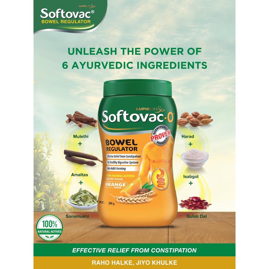 Softovac-O Isabgol Bowel Regulator Powder Orange Flavour 250 G Natural Digestive Support Constipation Relief Gas and Bloating Aid for Adults