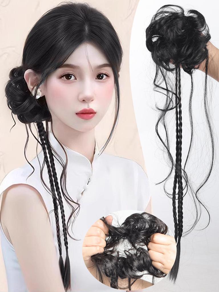 Chinese Style Flower Bud Head Synthetic Hair extension Wigs Natural Fluffy Slightly Curly Twisted Braid Wig Hair Accessories