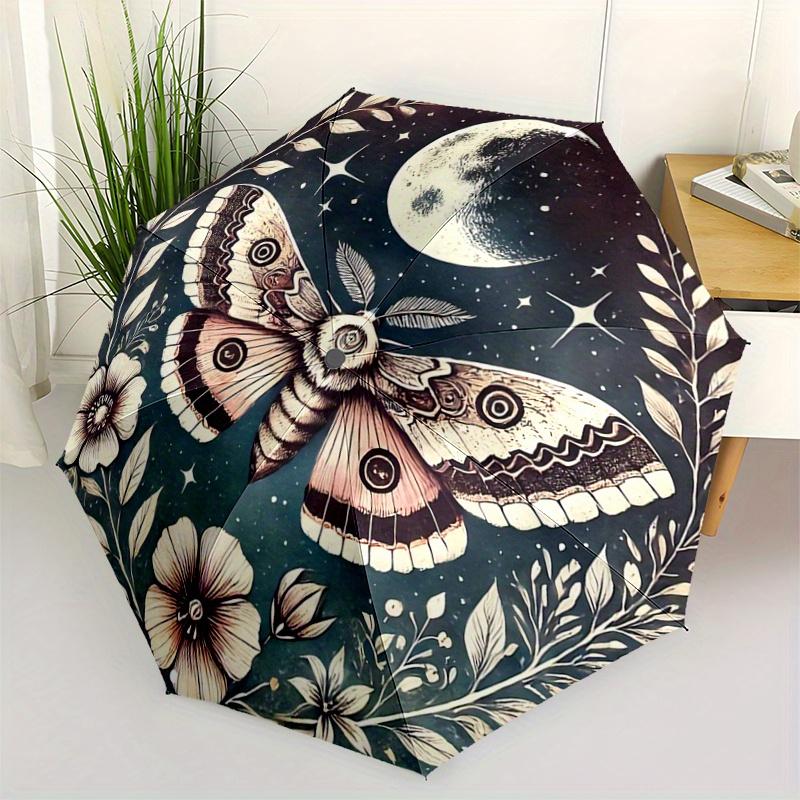 

1pc Art Moon & Moth Pattern Beautiful Looking Automatic Folding Umbrella, 3 Folding, 8 Pole Frame Design, Durable and Suitable for Travel an
