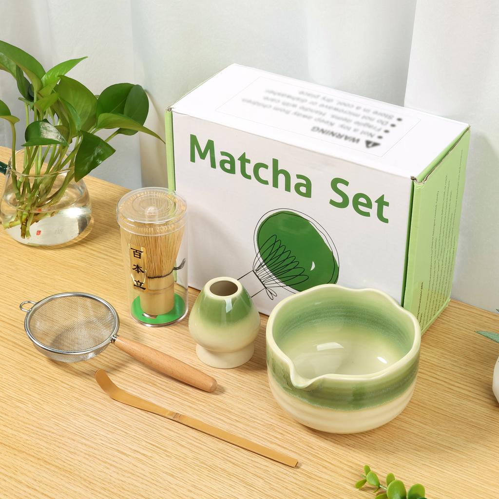 5Pcs Japenese Matcha Set Ceramic Matcha Teaset with Mixing Whisk Teaspoon Strainer Lattle Tea-making Tool for Cafe Beveage Shop