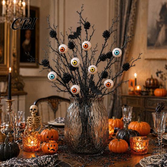 Halloween Eyeball Decorations Black Artificial Branches, Scary Eyeballs Picks with Bats Pine Decoration Branch Cones for Gothic Vase Filler,
