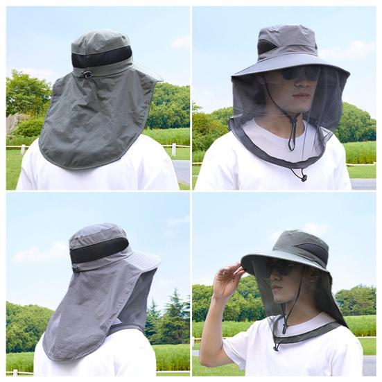 Outdoor Sun Hat with Mosquito Head Net Neck Flap Breathable Men Women Fishing Hiking Camping Climbing Face Netting Wide Brim Hat