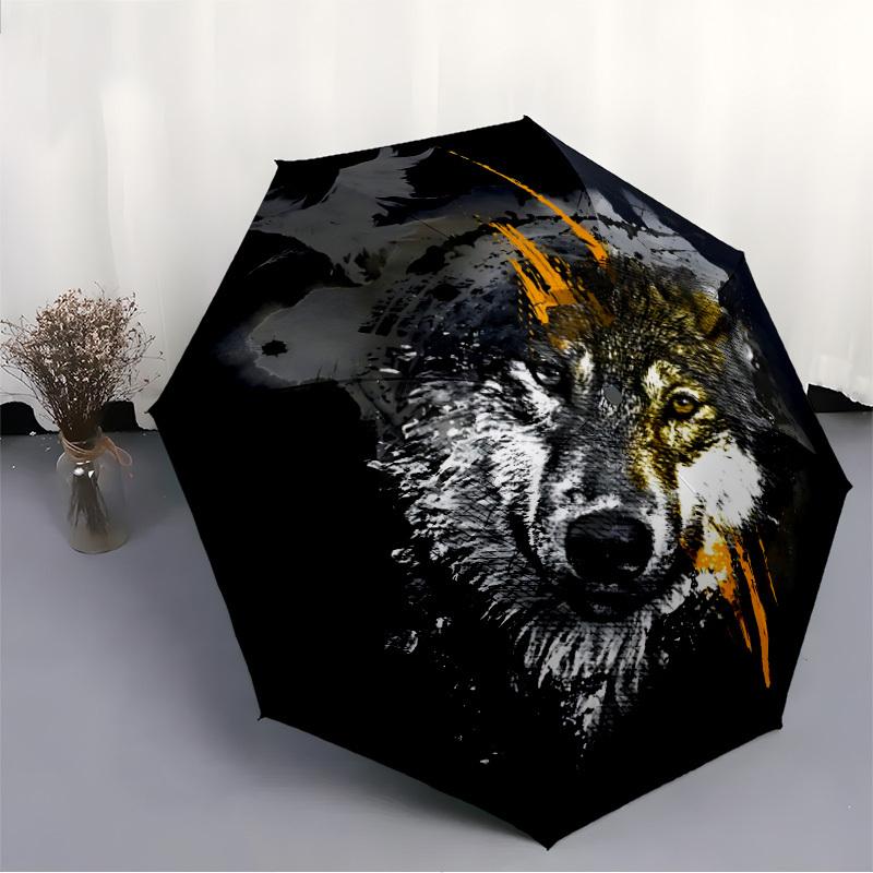 1pc Wolf Fashionable Automatic Opening/Closing Folding Umbrella with 8 Bones, Windproof Portable, Daily Use010